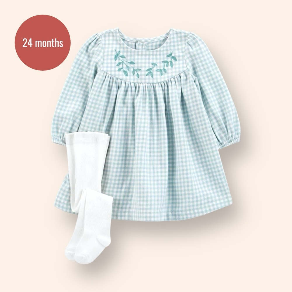 Carter’s Baby Girl Dress Set | 24M | Gingham Embroidered Dress w/ White Tights